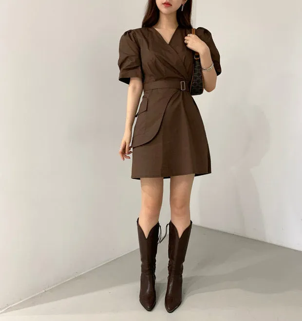 Short Sleeve Wrap Style Asymmetrical Belted Mini Dress