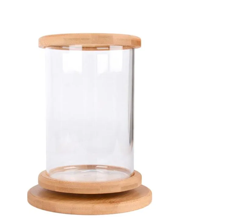 Small Office Glass Aquarium Bamboo Base Mini Fish Tank Decoration