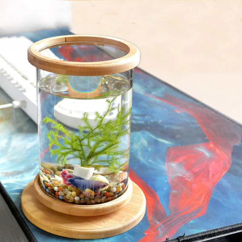 Small Office Glass Aquarium Bamboo Base Mini Fish Tank Decoration