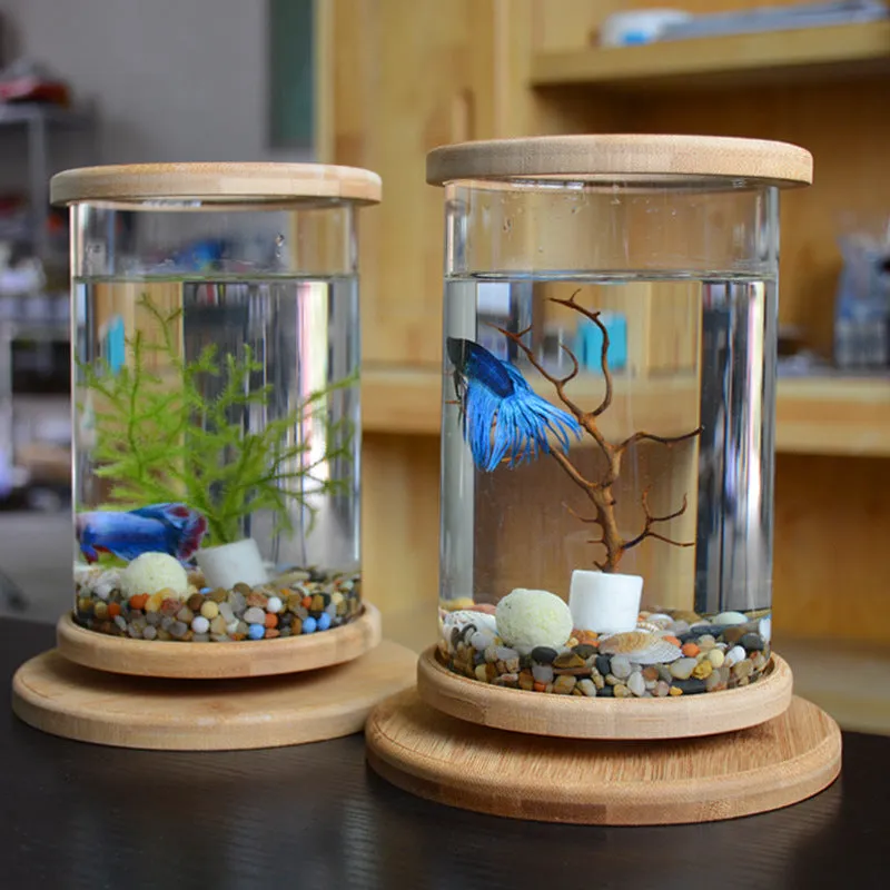 Small Office Glass Aquarium Bamboo Base Mini Fish Tank Decoration