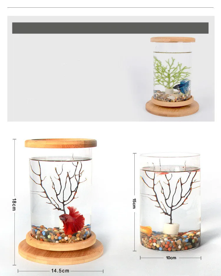 Small Office Glass Aquarium Bamboo Base Mini Fish Tank Decoration