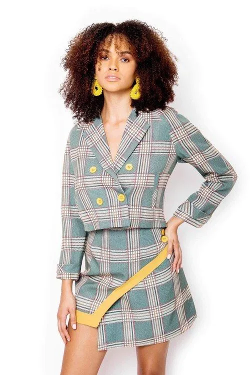 Socialite plaid cropped double breasted green skirt   plaid irregular hem skirt two piece suit-set- Celia