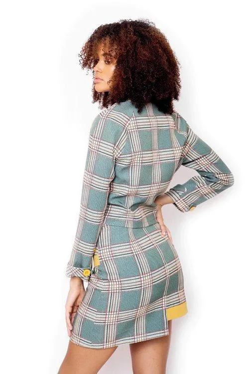 Socialite plaid cropped double breasted green skirt   plaid irregular hem skirt two piece suit-set- Celia