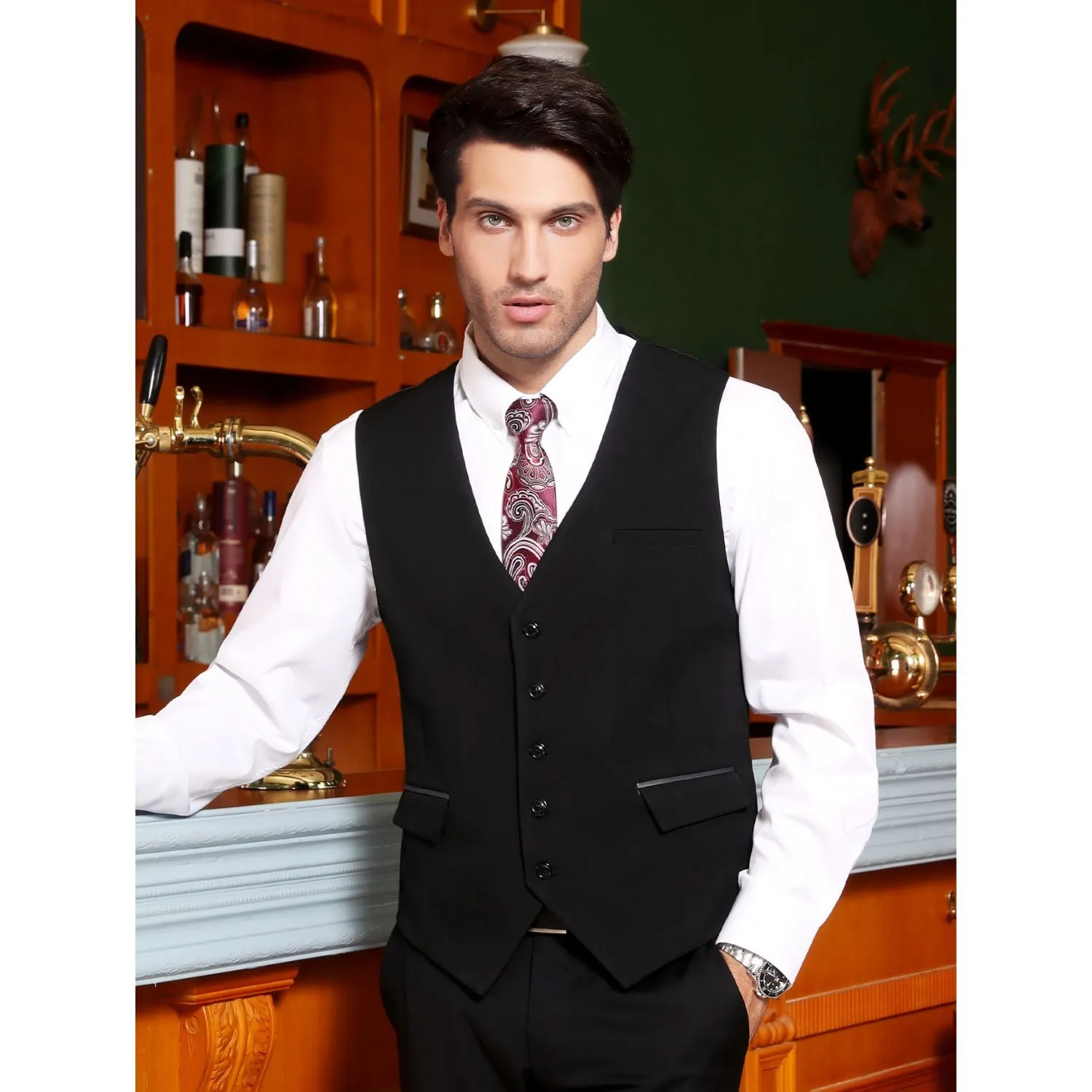 Solid Slim Suit Vest - A1-BLACK