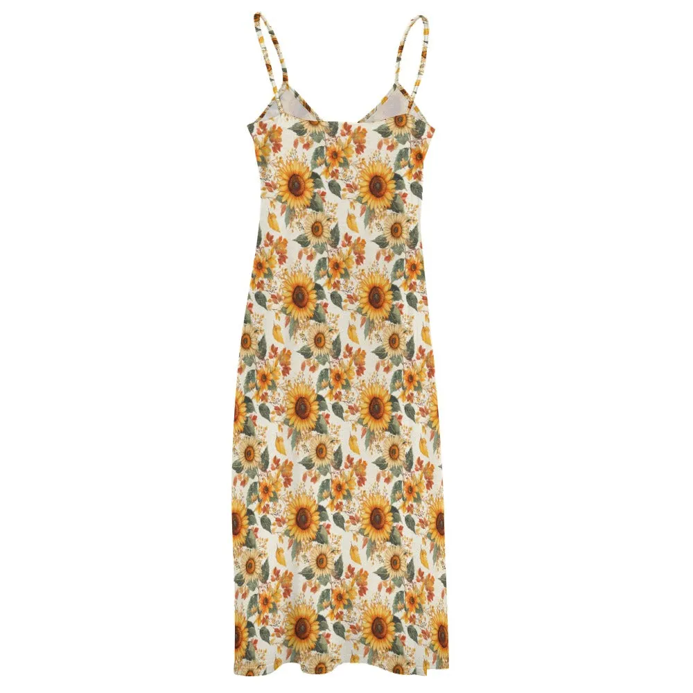 Sunflowers Floral Maxi Dress, Fall Leaves Autumn Long Flowers Spaghetti Straps Women Sleeveless Casual Designer Elegant Plus Size Cocktail