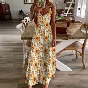 Sunflowers Floral Maxi Dress, Fall Leaves Autumn Long Flowers Spaghetti Straps Women Sleeveless Casual Designer Elegant Plus Size Cocktail