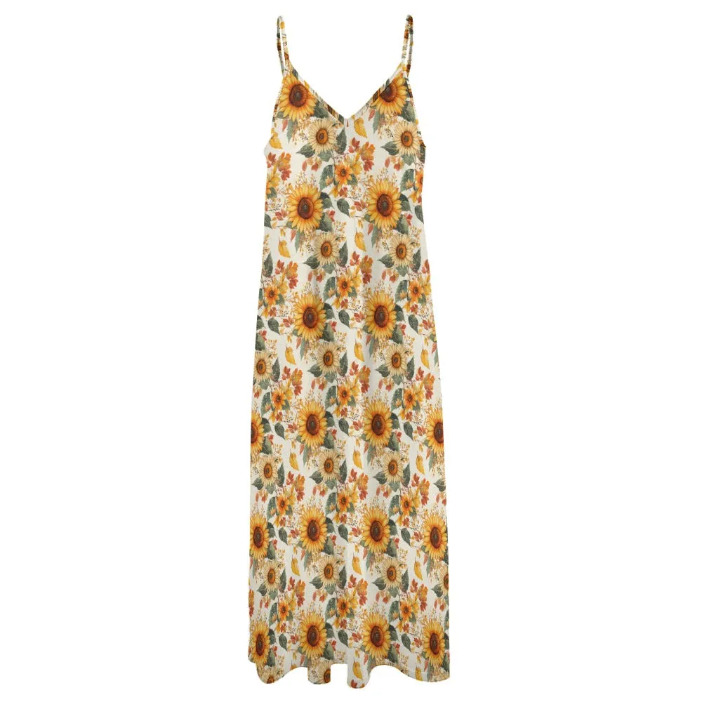 Sunflowers Floral Maxi Dress, Fall Leaves Autumn Long Flowers Spaghetti Straps Women Sleeveless Casual Designer Elegant Plus Size Cocktail