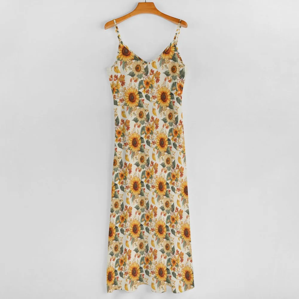 Sunflowers Floral Maxi Dress, Fall Leaves Autumn Long Flowers Spaghetti Straps Women Sleeveless Casual Designer Elegant Plus Size Cocktail