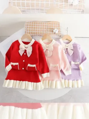 Sweet Bow-Accent Girls' Knit Cardigan and Skirt Set