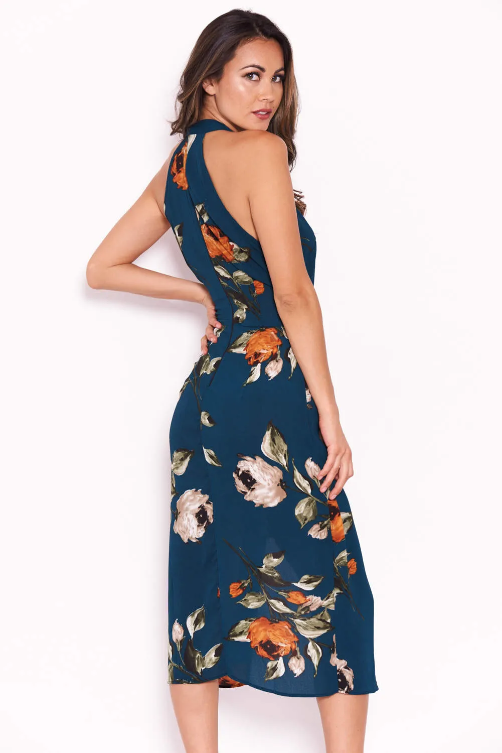 Teal Floral Midi Wrap Dress