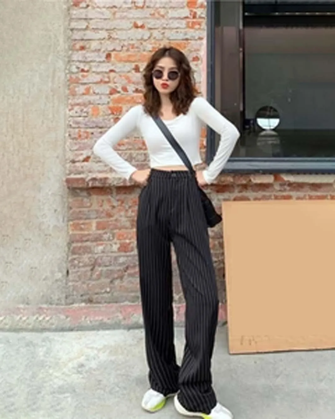 Trendy Korean Style Pinstripe Black Trousers