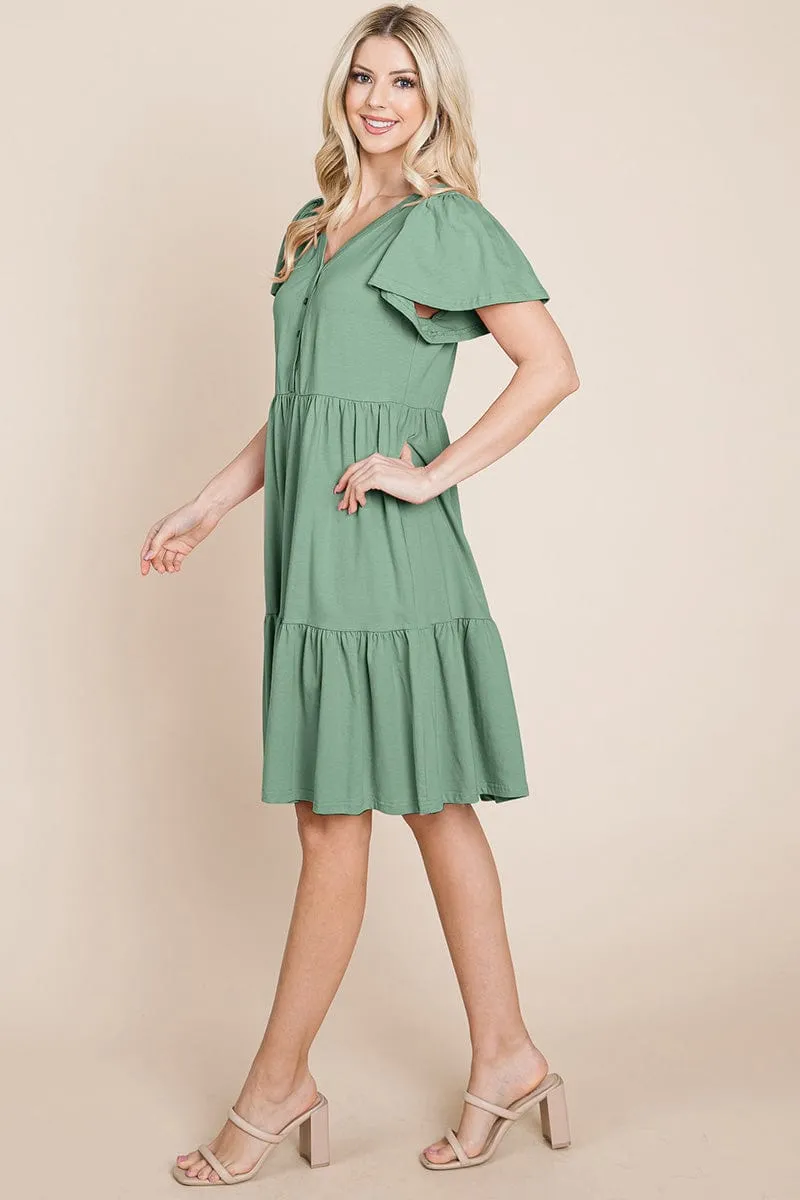 V Neck Cotton Tiered Front Buttons Babydoll dress