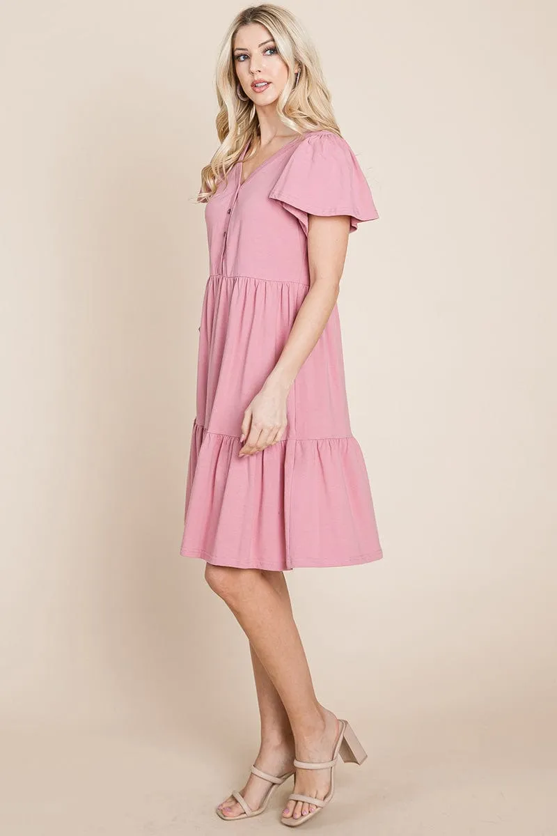 V Neck Cotton Tiered Front Buttons Babydoll dress