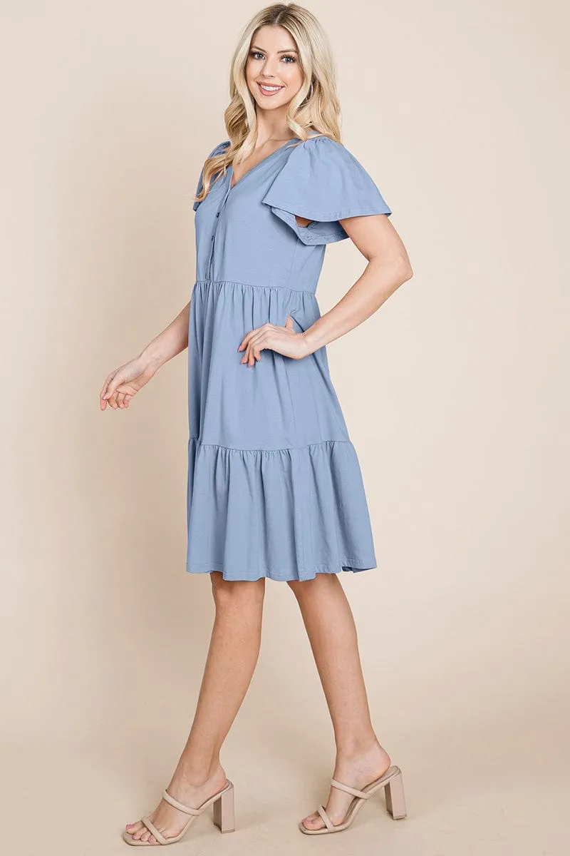 V Neck Cotton Tiered Front Buttons Babydoll dress