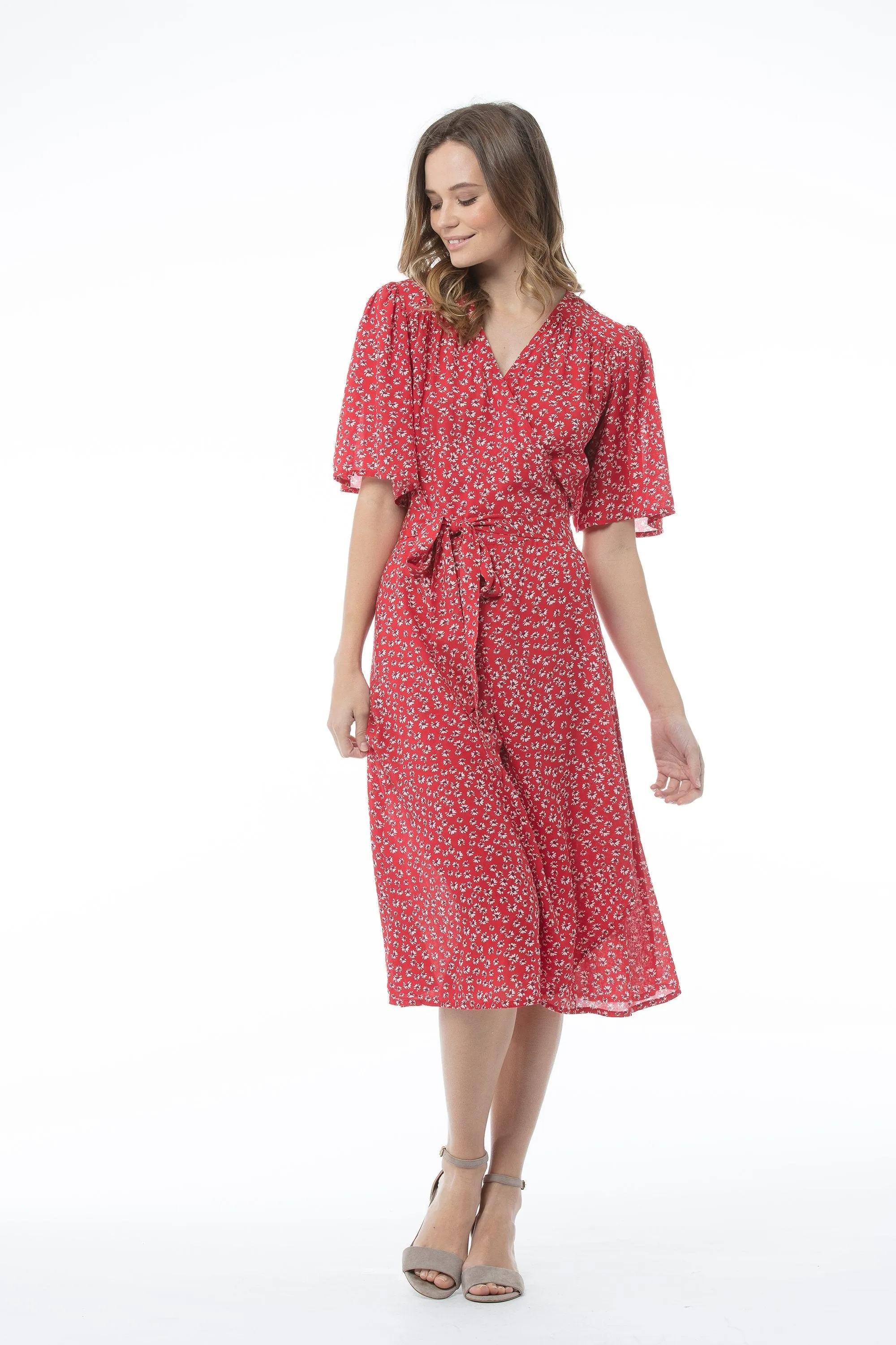 V-neck Red Printed Short-sleeved Dress - MARTHA Dress