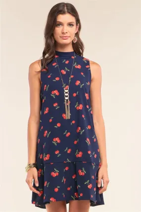 Very Cherry Day Navy Cherry Print Sleeveless Relaxed Fit Knit Self-Tie Neck Detail Flare Hem Mini Dress /1-2-2-1