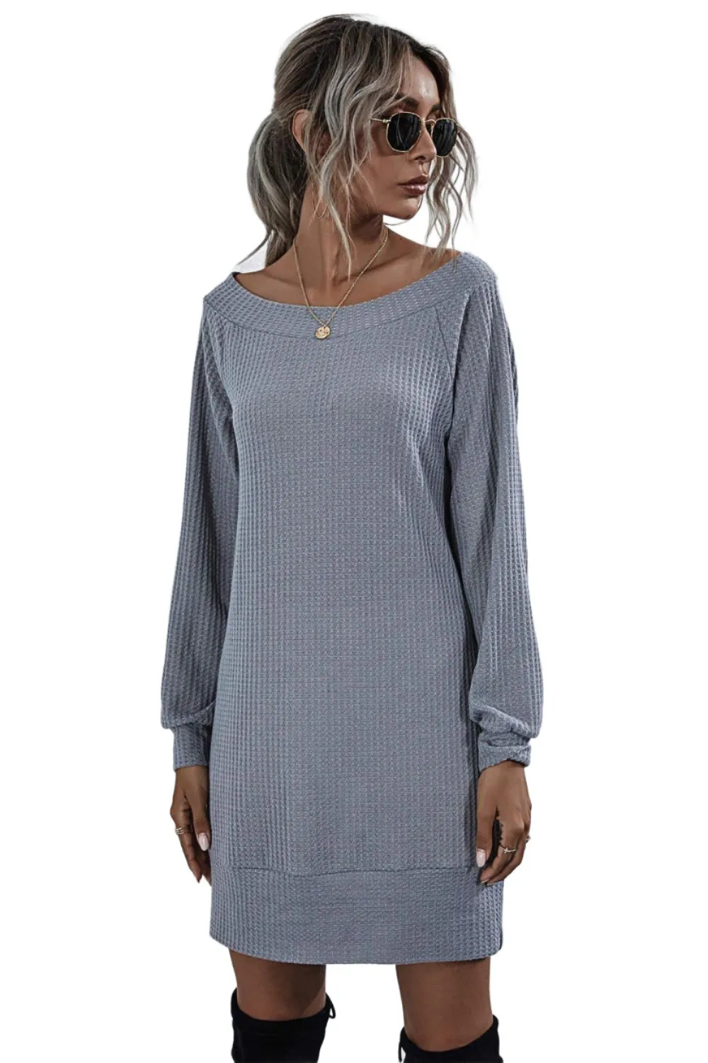 Waffle-Knit Boat Neck Mini Dress