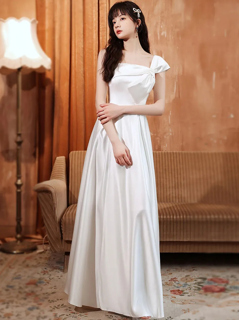 White A line Satin Long Prom Dress, White Satin Long Formal Evening Dress