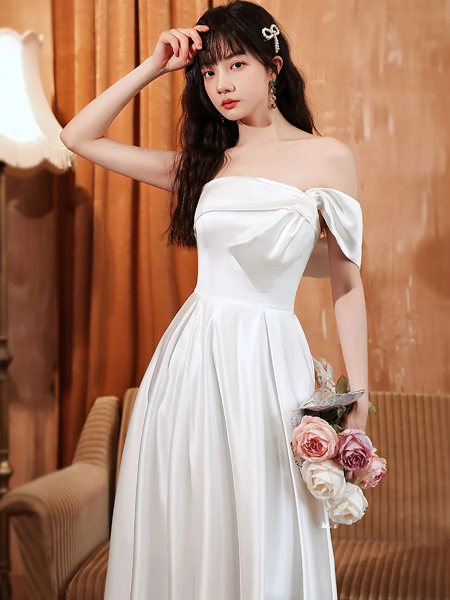 White A line Satin Long Prom Dress, White Satin Long Formal Evening Dress