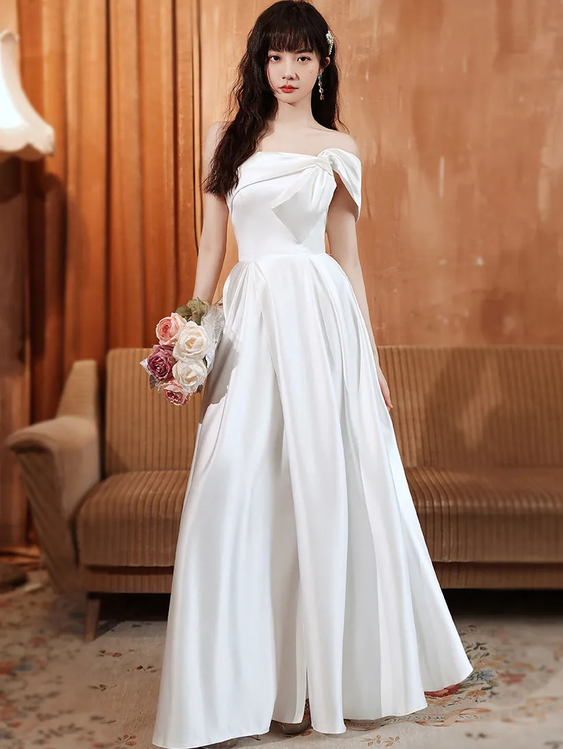 White A line Satin Long Prom Dress, White Satin Long Formal Evening Dress