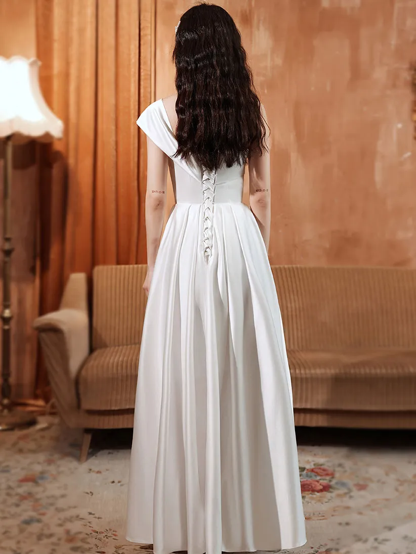 White A line Satin Long Prom Dress, White Satin Long Formal Evening Dress