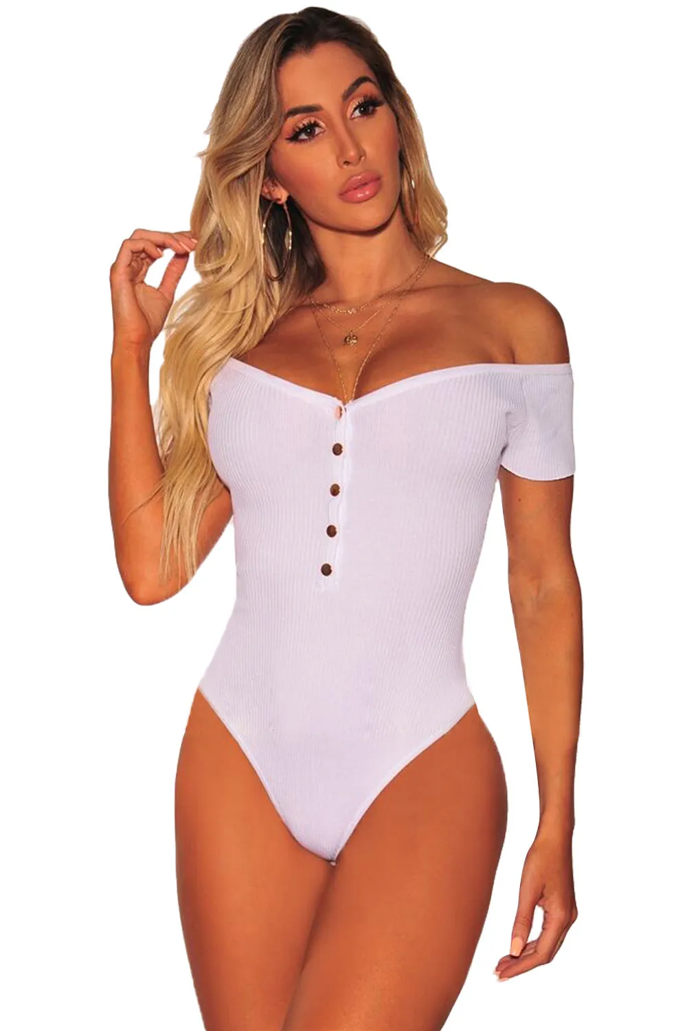 White Ribbed Knit Button Off Shoulder Bodysuit