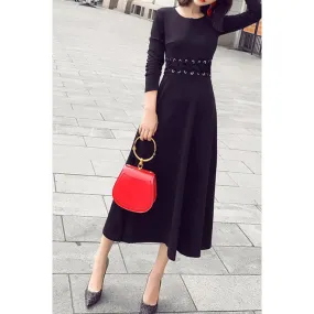 Women Awesome Floral Embroidered Easy Round Neck Long Sleeve Slim Waist Mid Length Winter Two Piece Dress - C2539ZWD