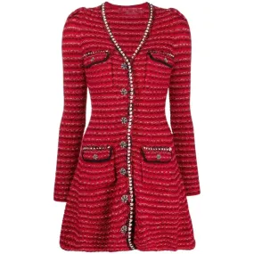 Women Knitted Mini Dress V Neck Long Sleeve Slim Short Dress