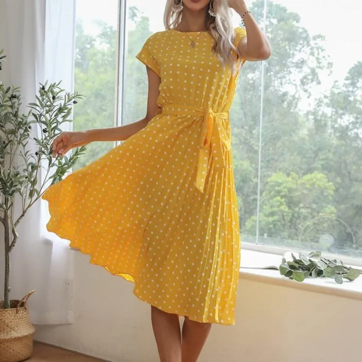 Women midi white polka dot short sleeve belt summer dresses