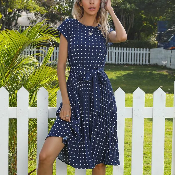 Women midi white polka dot short sleeve belt summer dresses