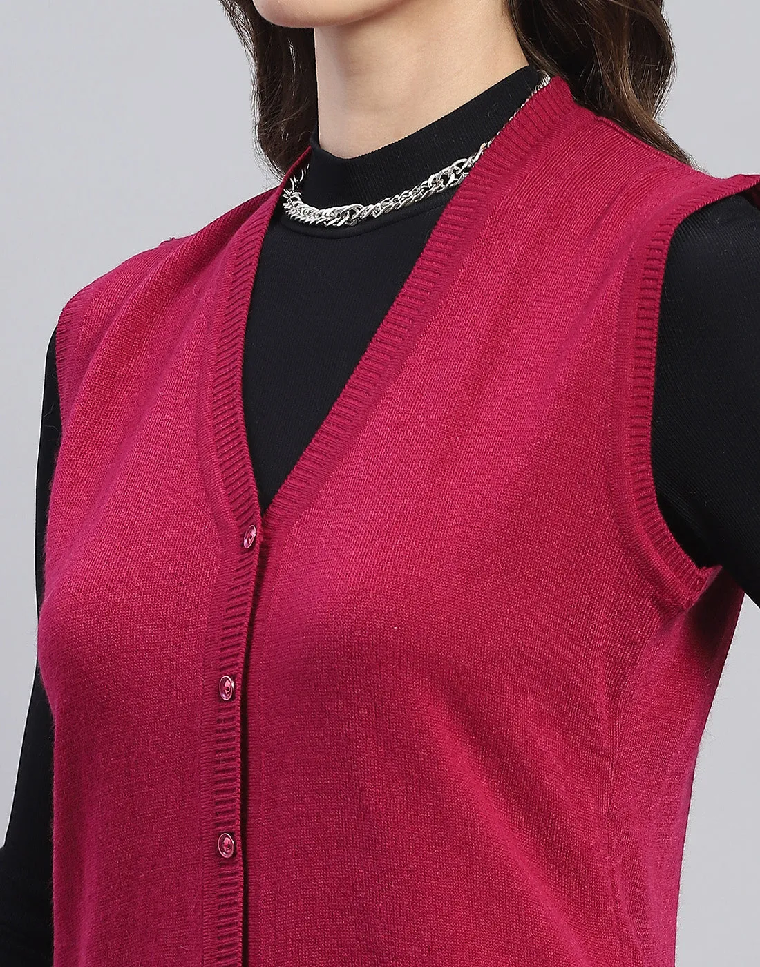 Women Pink Solid V Neck Sleeveless Cardigan