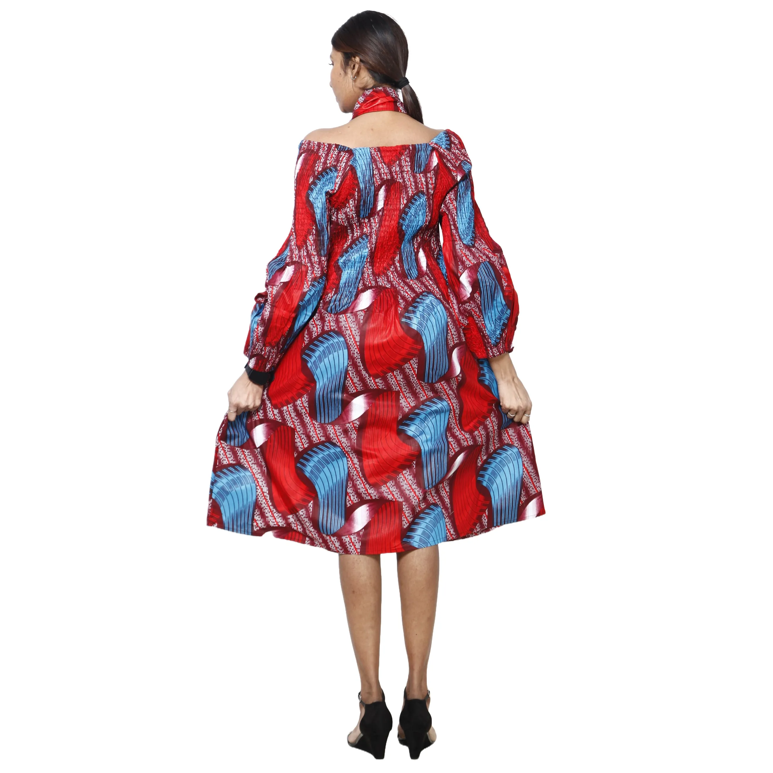 Women's African Print Off Shoulder with Cuff Sleeve Midi Dress -- FI-50076