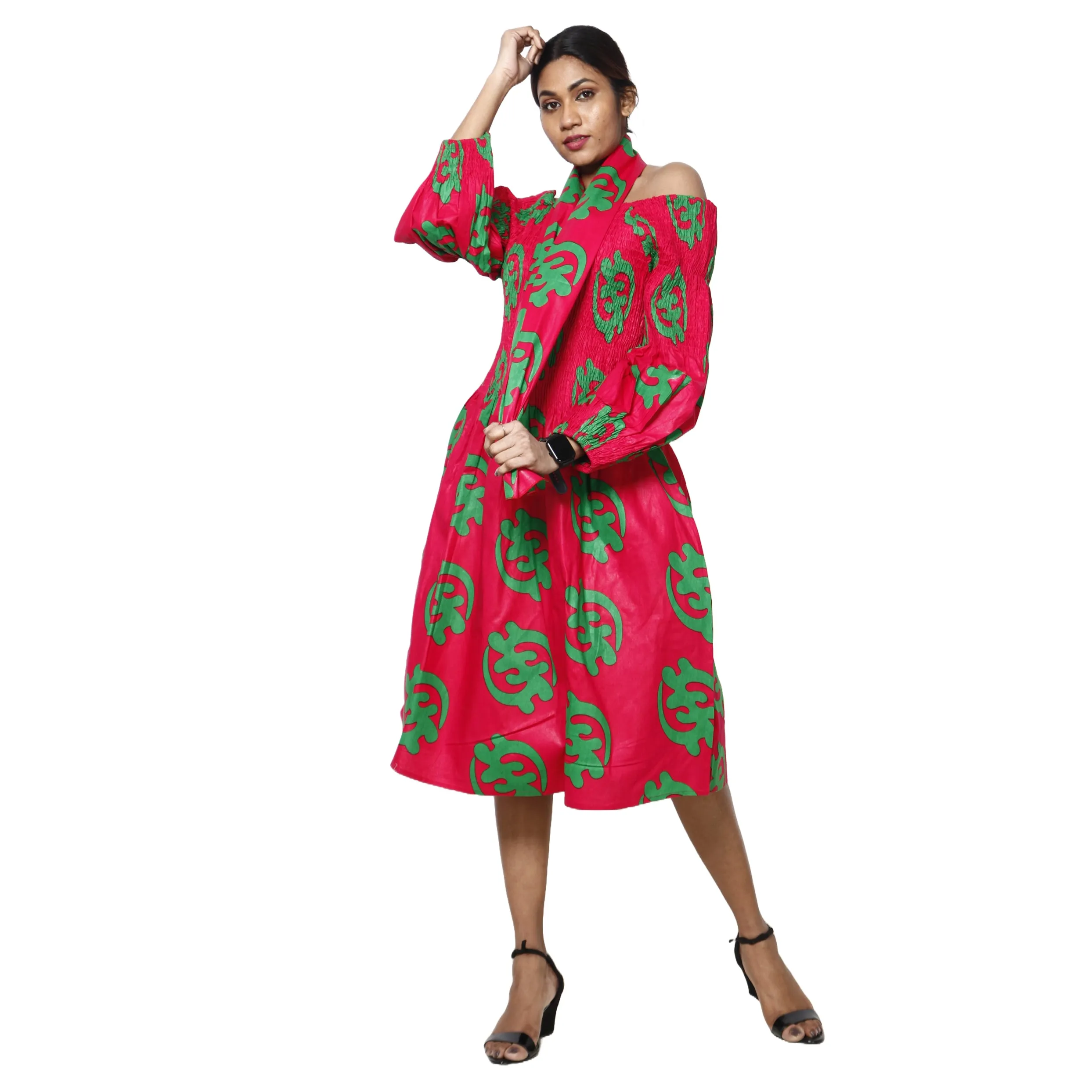 Women's African Print Off Shoulder with Cuff Sleeve Midi Dress -- FI-50076