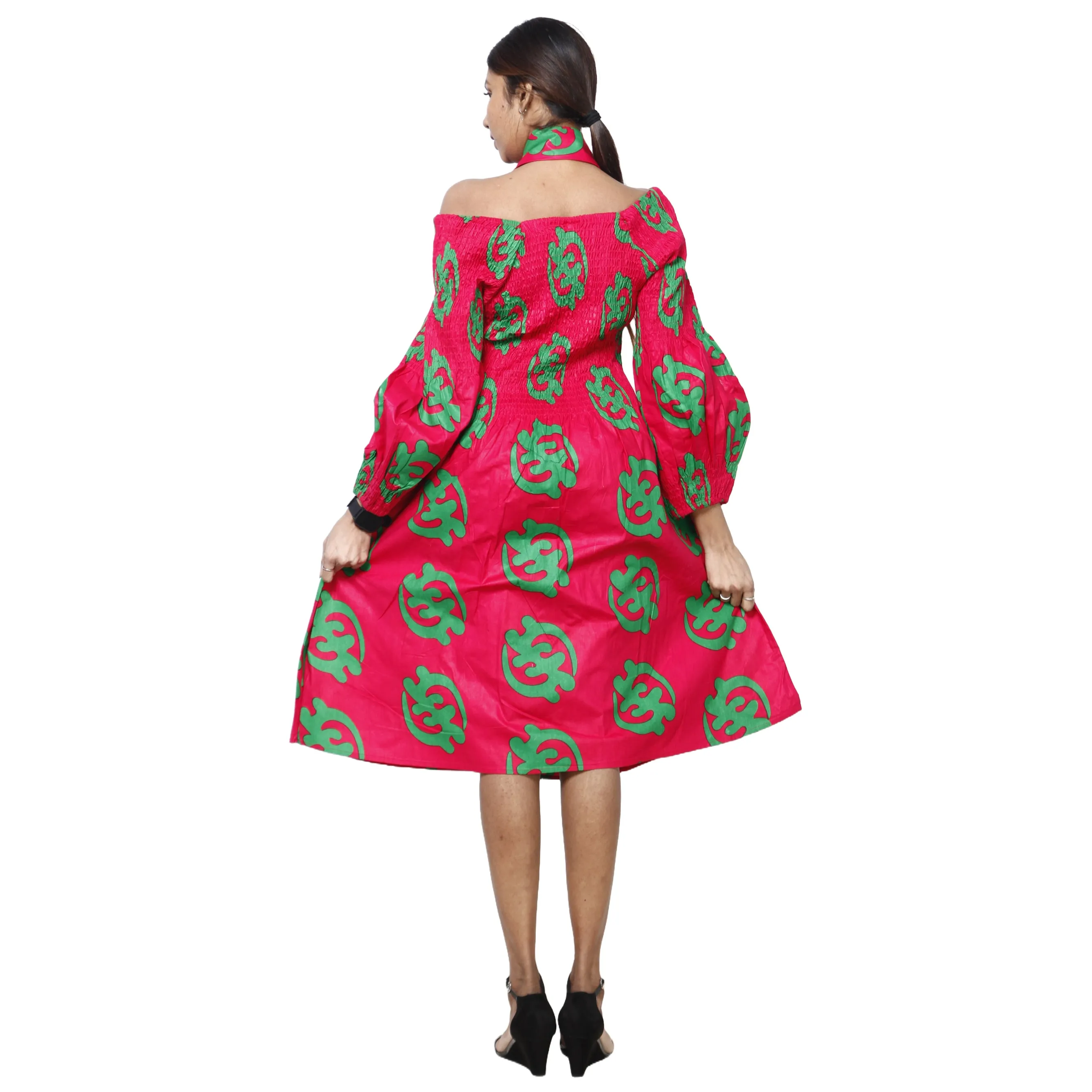 Women's African Print Off Shoulder with Cuff Sleeve Midi Dress -- FI-50076