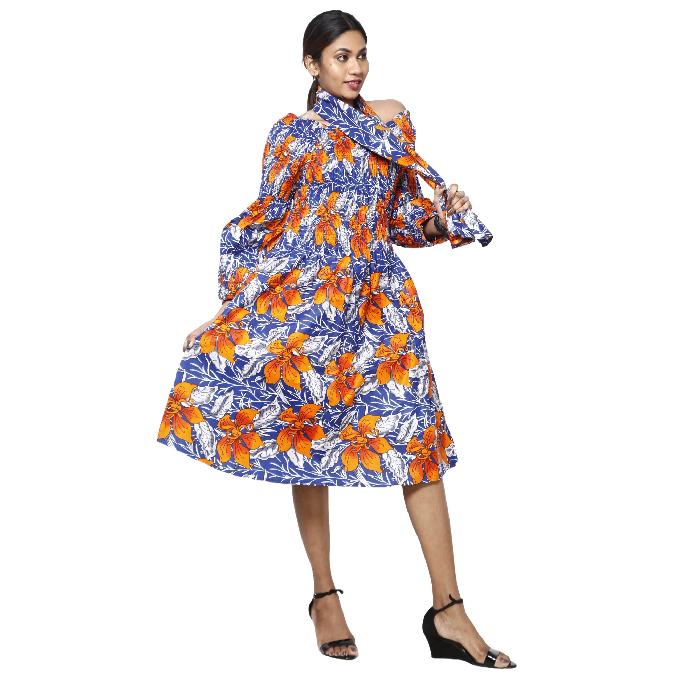 Women's African Print Off Shoulder with Cuff Sleeve Midi Dress -- FI-50076