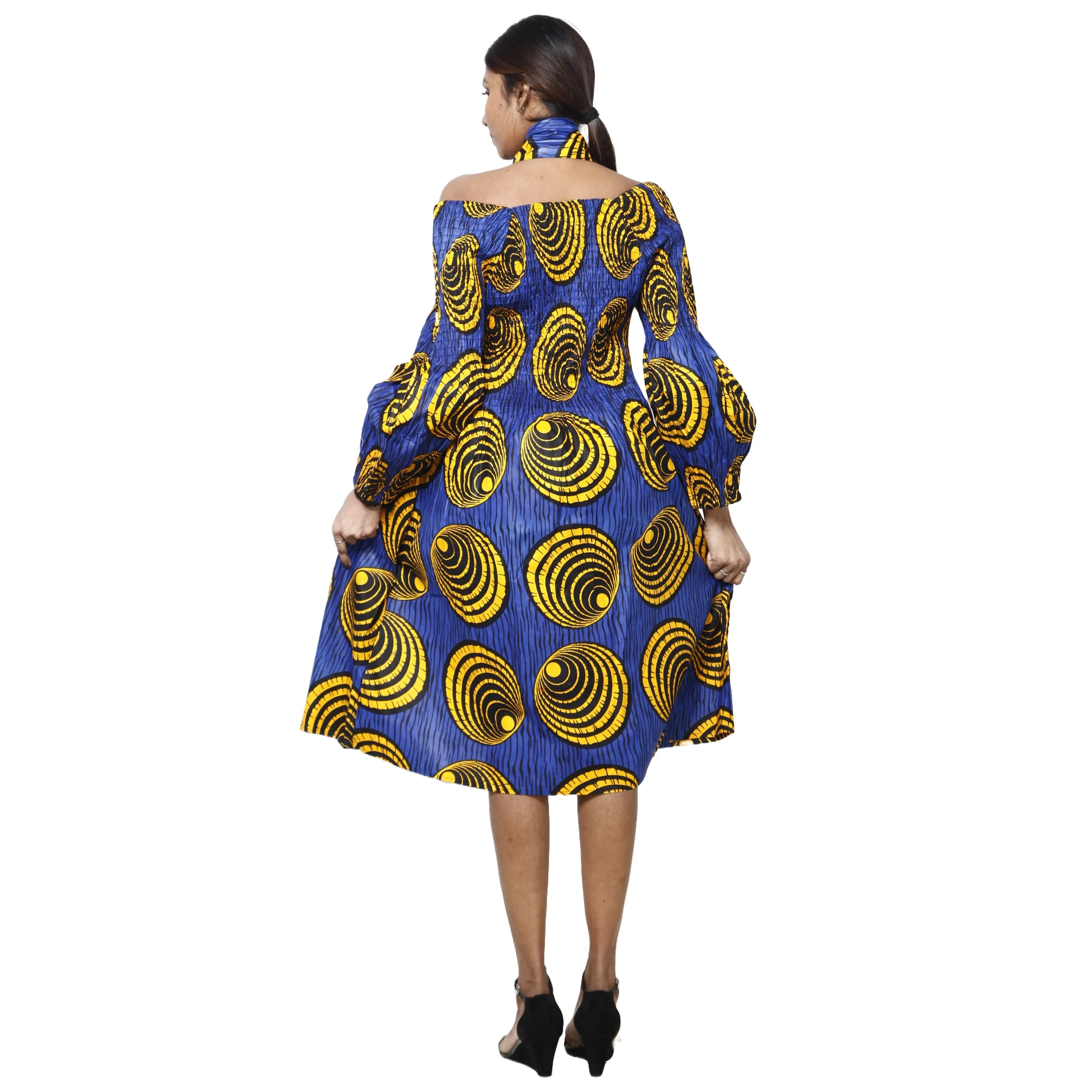 Women's African Print Off Shoulder with Cuff Sleeve Midi Dress -- FI-50076