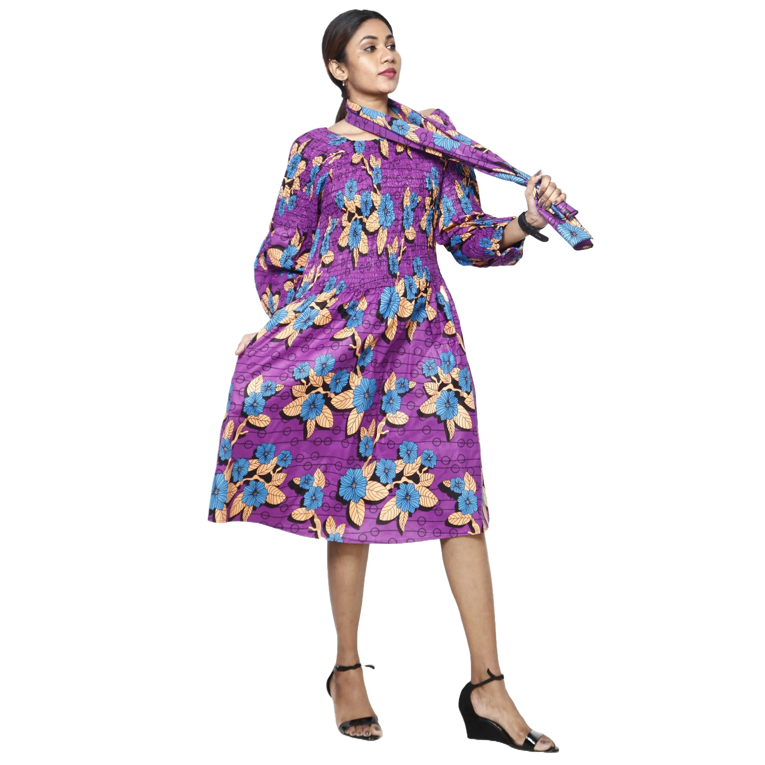 Women's African Print Off Shoulder with Cuff Sleeve Midi Dress -- FI-50076