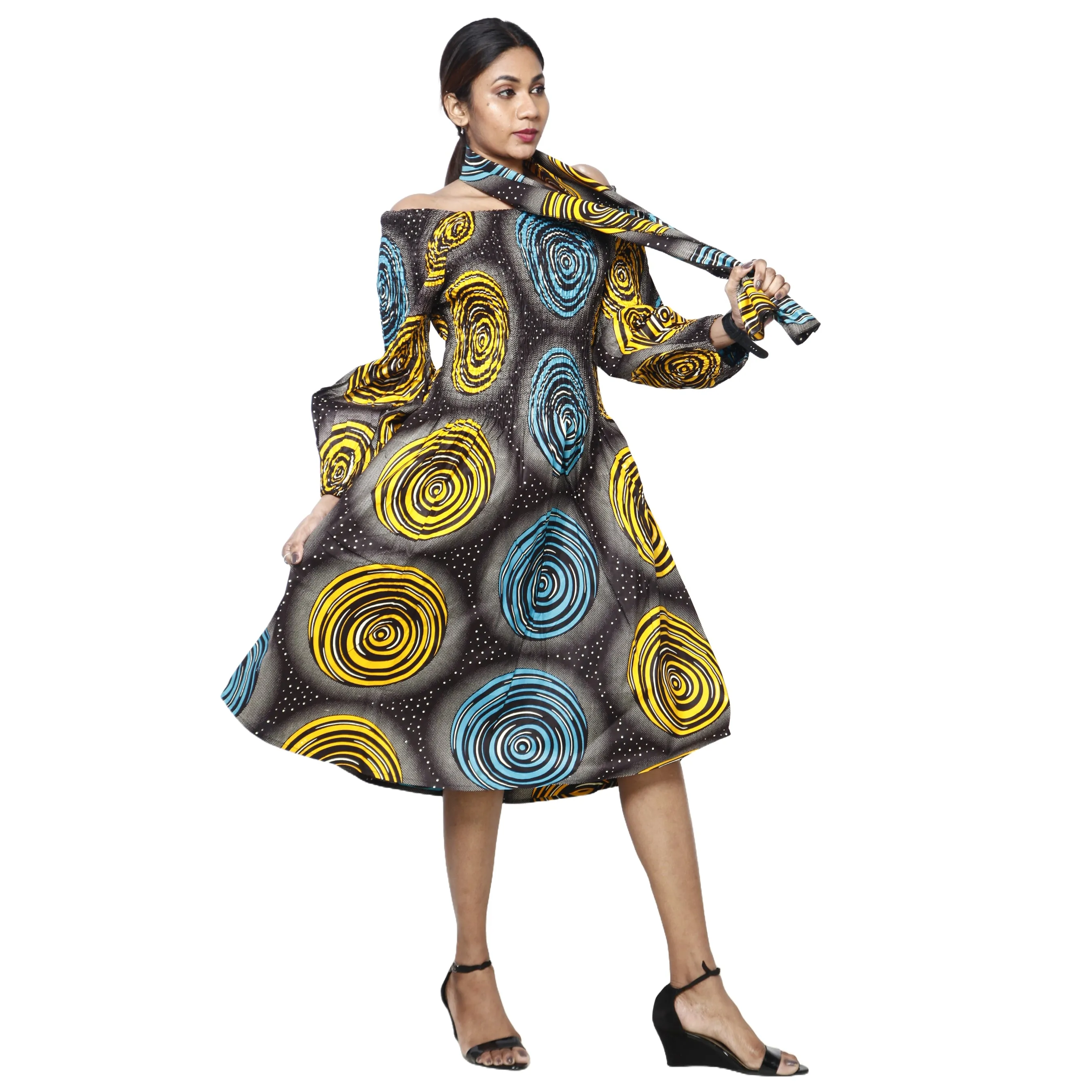 Women's African Print Off Shoulder with Cuff Sleeve Midi Dress -- FI-50076