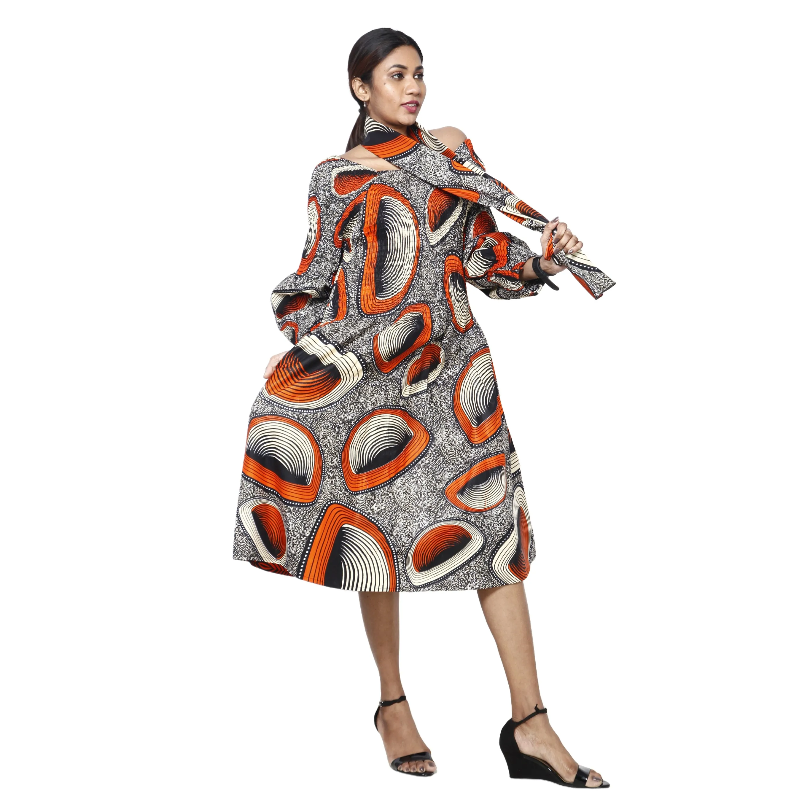 Women's African Print Off Shoulder with Cuff Sleeve Midi Dress -- FI-50076