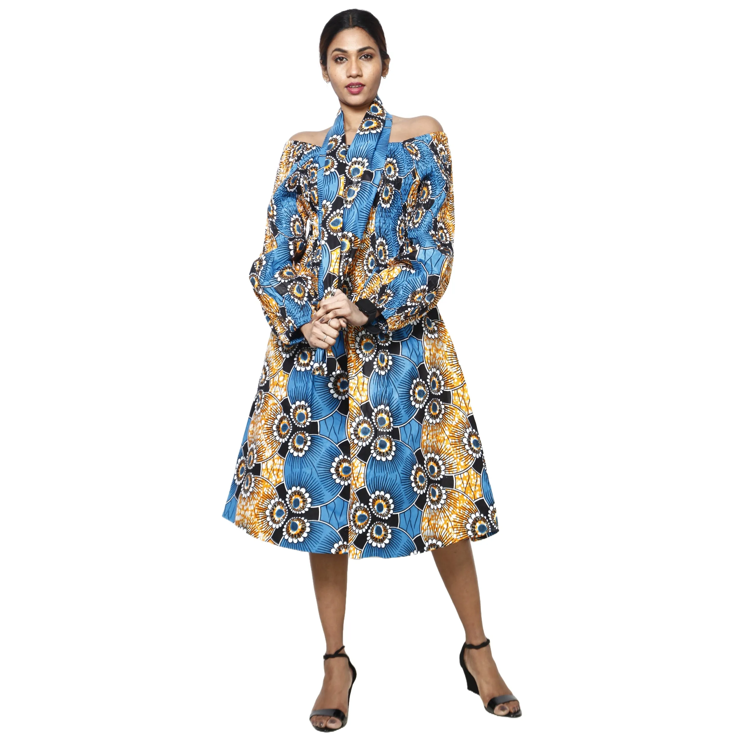 Women's African Print Off Shoulder with Cuff Sleeve Midi Dress -- FI-50076