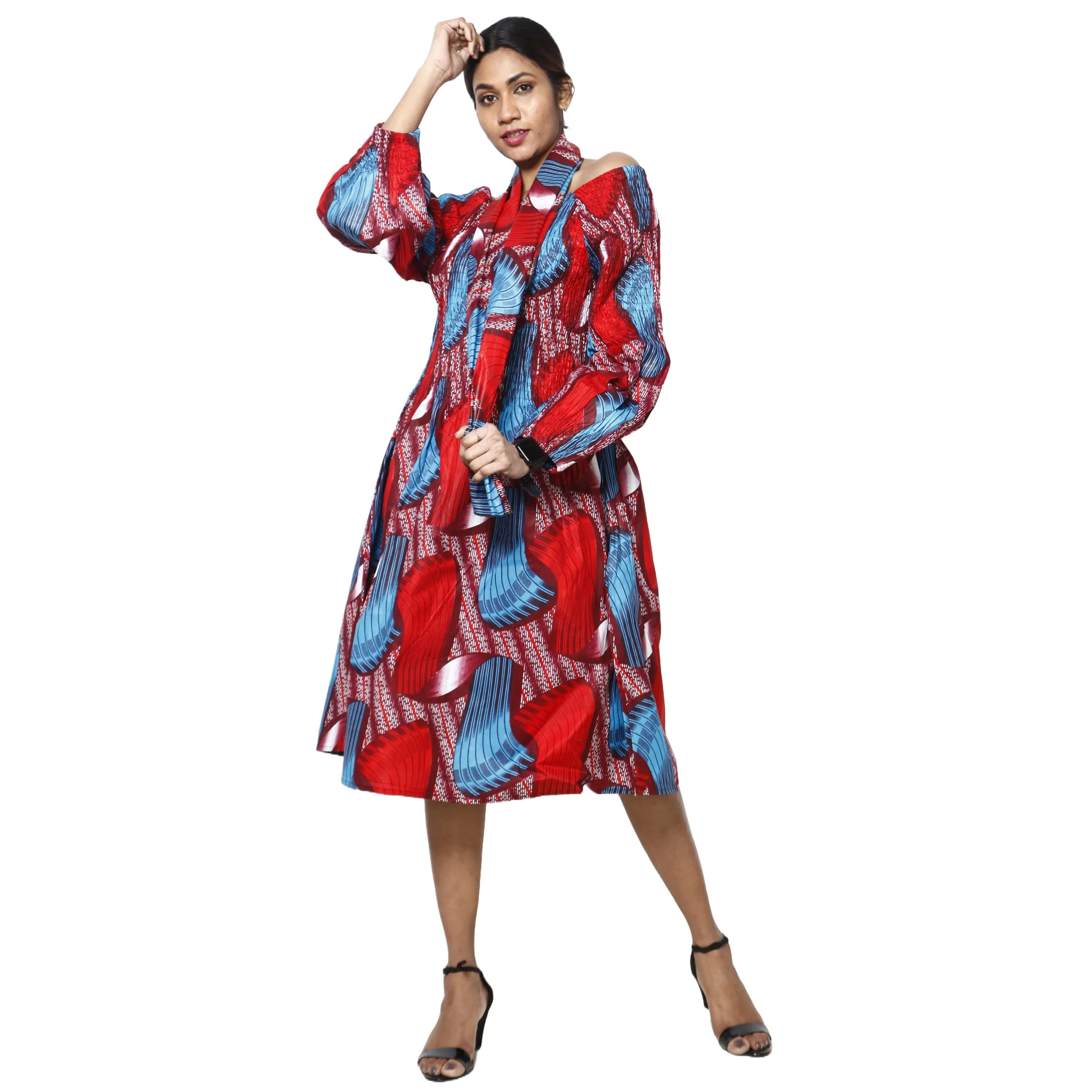 Women's African Print Off Shoulder with Cuff Sleeve Midi Dress -- FI-50076