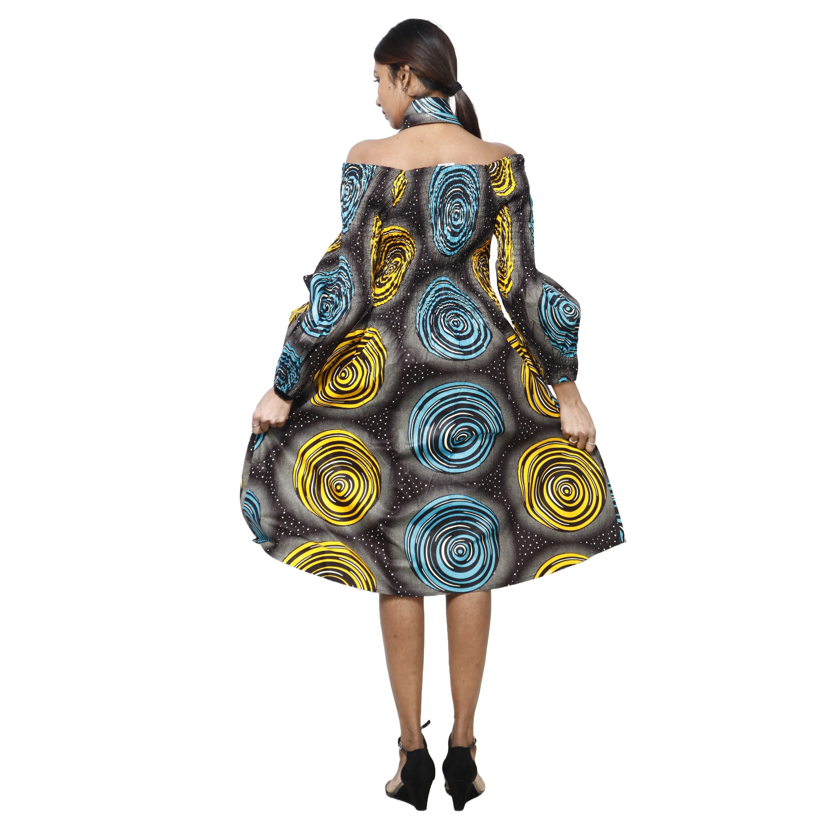 Women's African Print Off Shoulder with Cuff Sleeve Midi Dress -- FI-50076