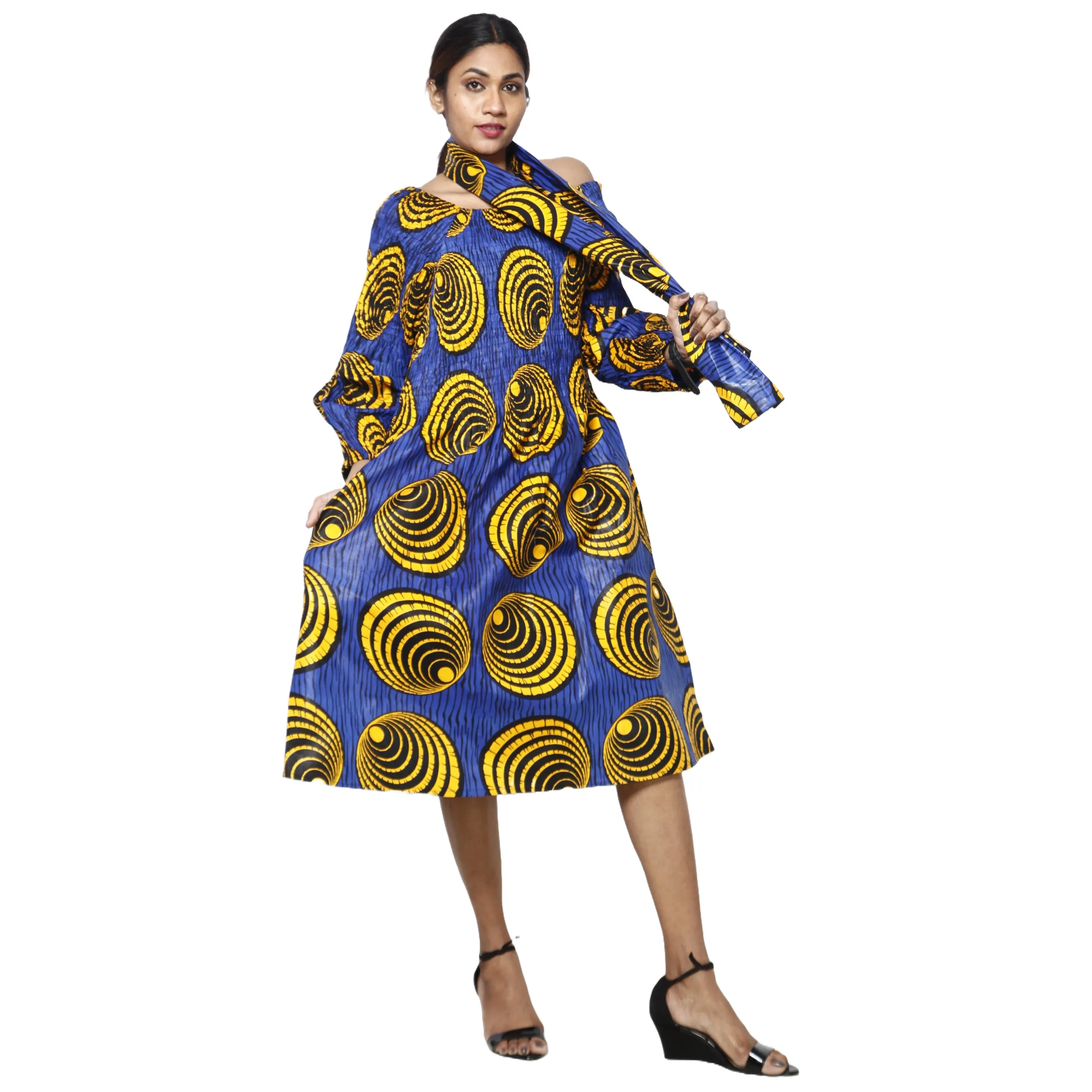 Women's African Print Off Shoulder with Cuff Sleeve Midi Dress -- FI-50076