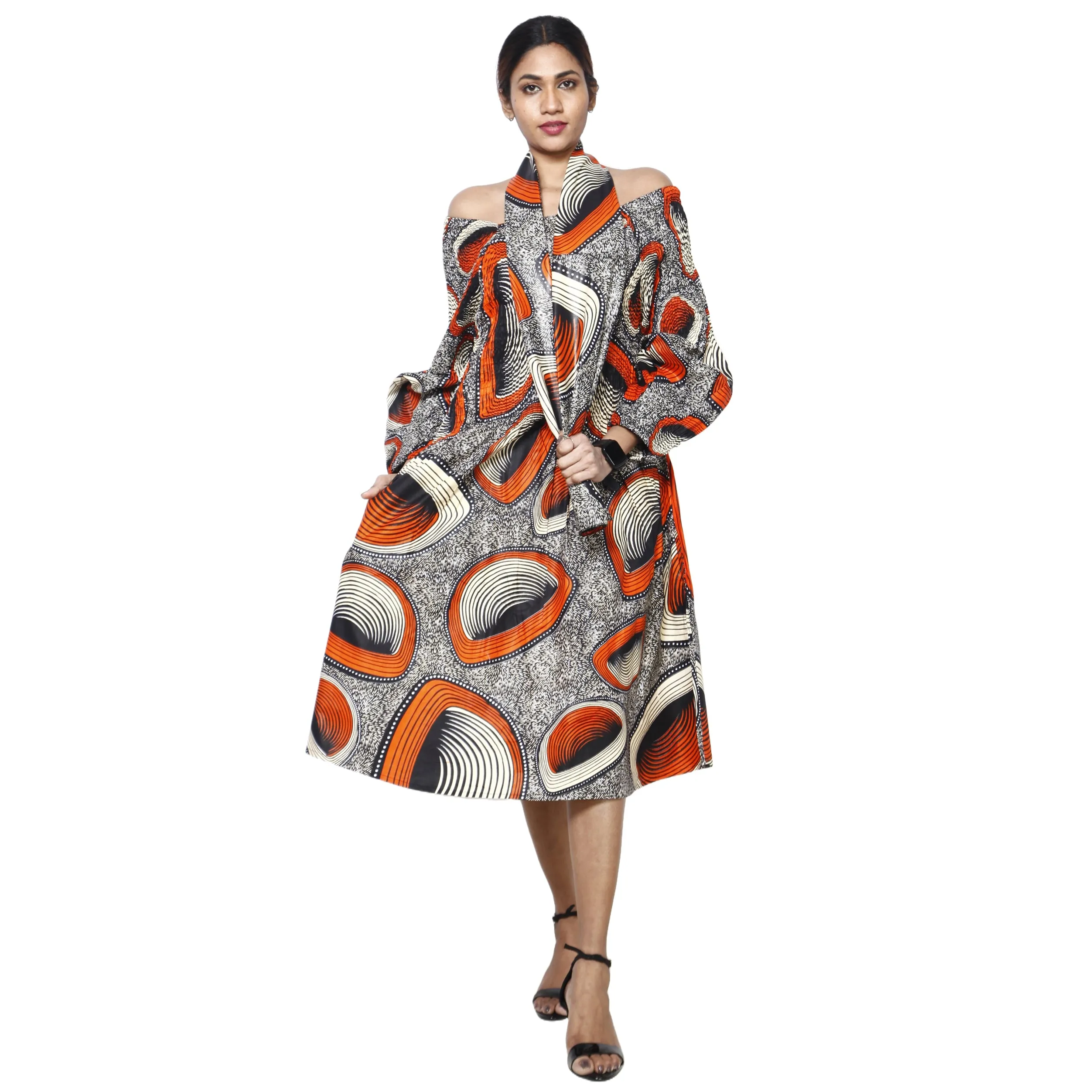 Women's African Print Off Shoulder with Cuff Sleeve Midi Dress -- FI-50076