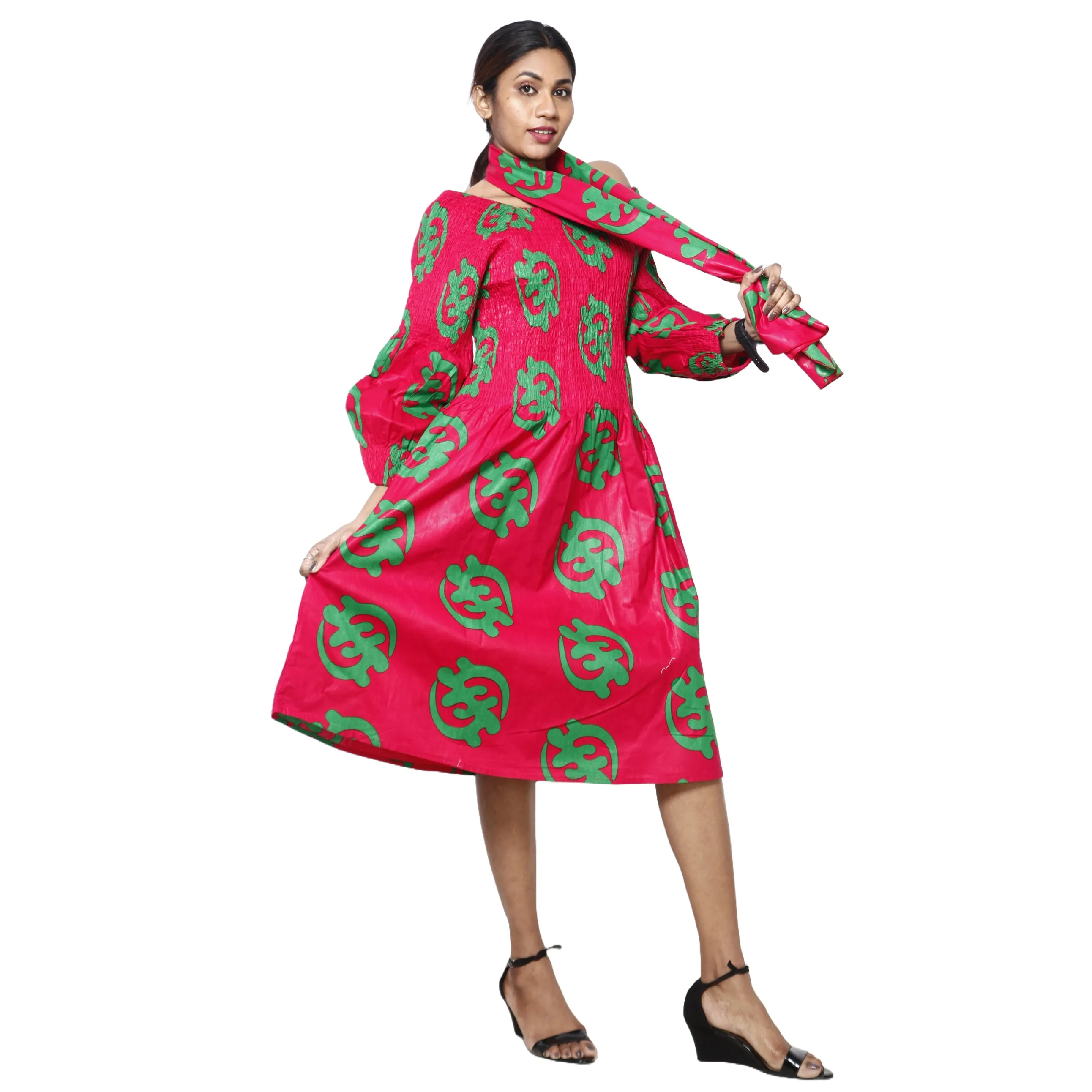 Women's African Print Off Shoulder with Cuff Sleeve Midi Dress -- FI-50076