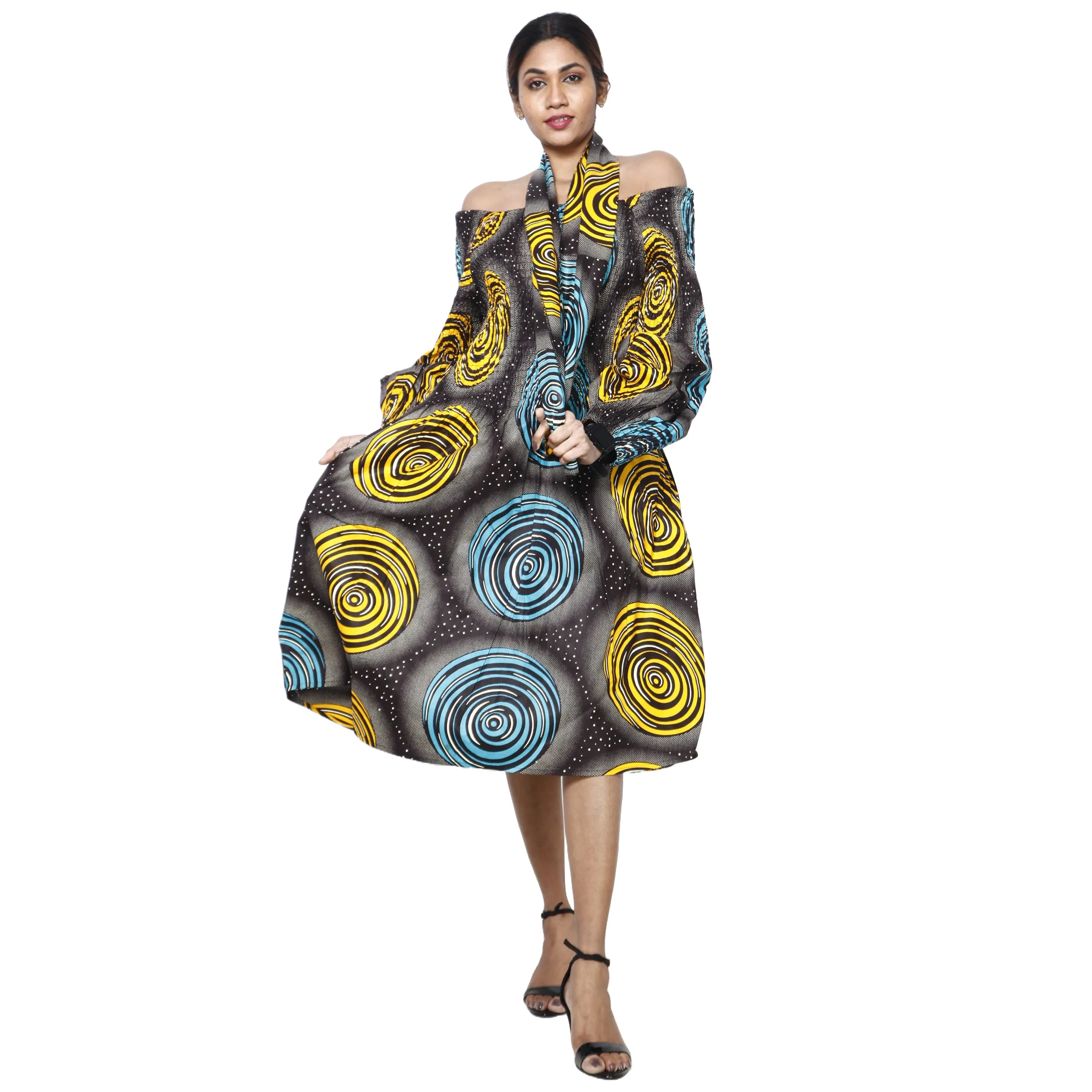 Women's African Print Off Shoulder with Cuff Sleeve Midi Dress -- FI-50076