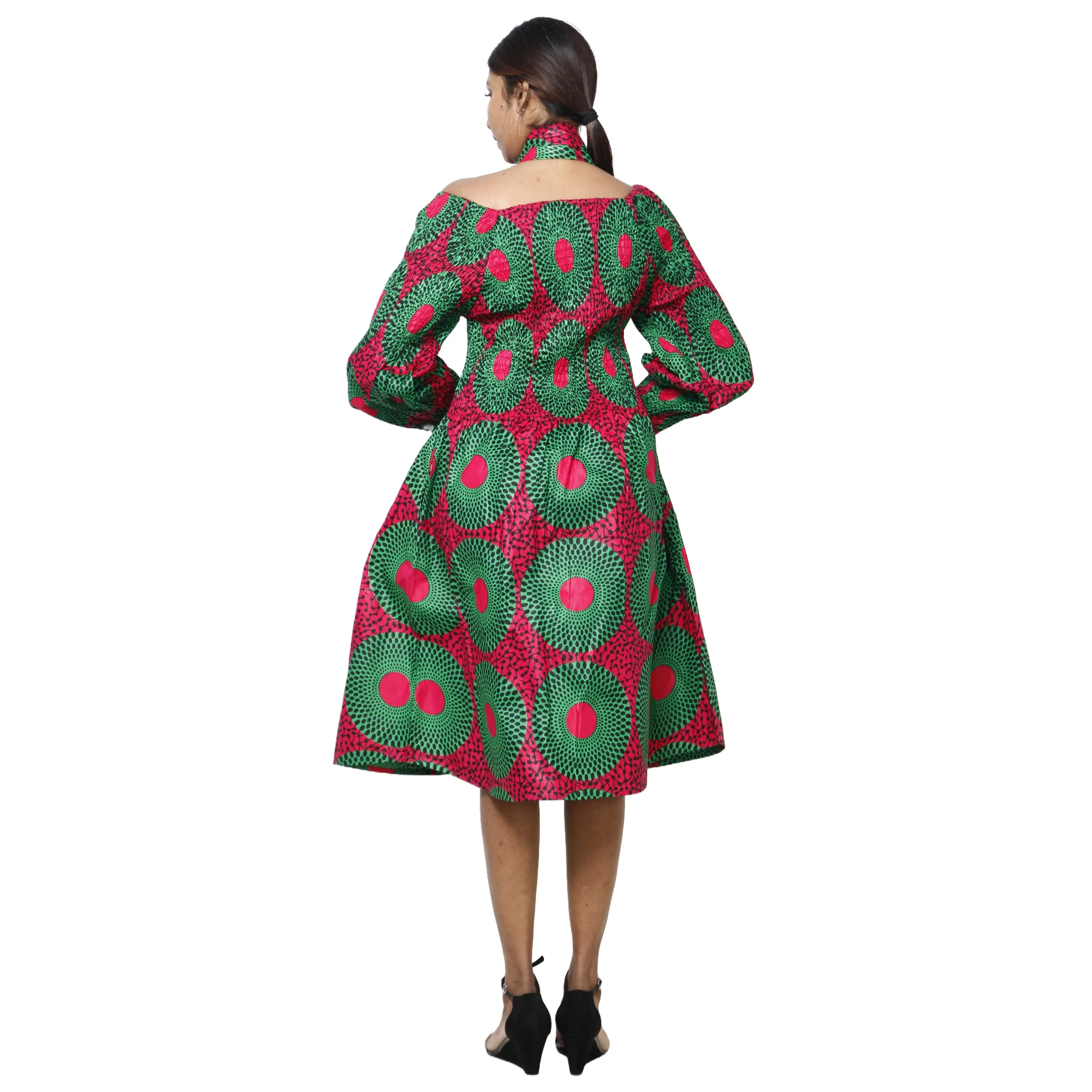 Women's African Print Off Shoulder with Cuff Sleeve Midi Dress -- FI-50076