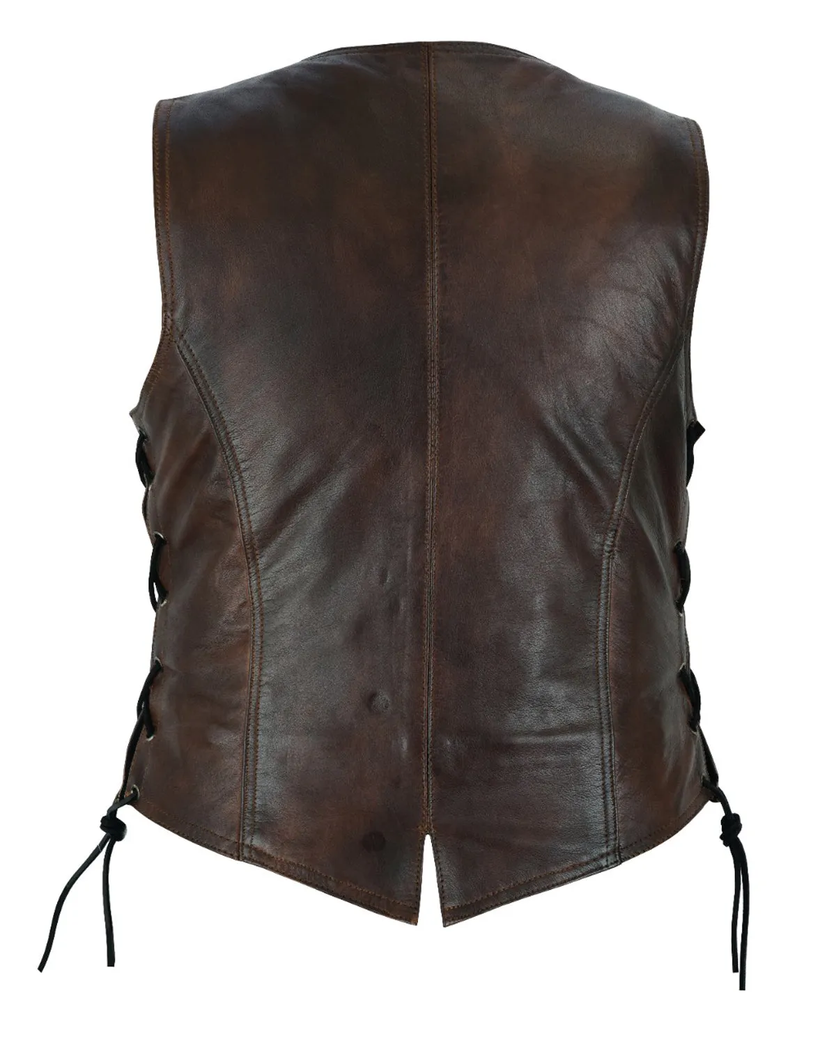 Womens Brown Cowhide Leather Motorcycle Vest Side Laces