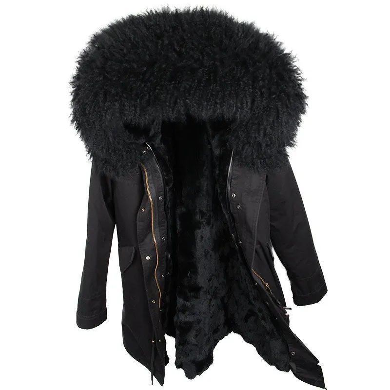 Women's Winter Casual Long Hooded Parka With Sheep Fur