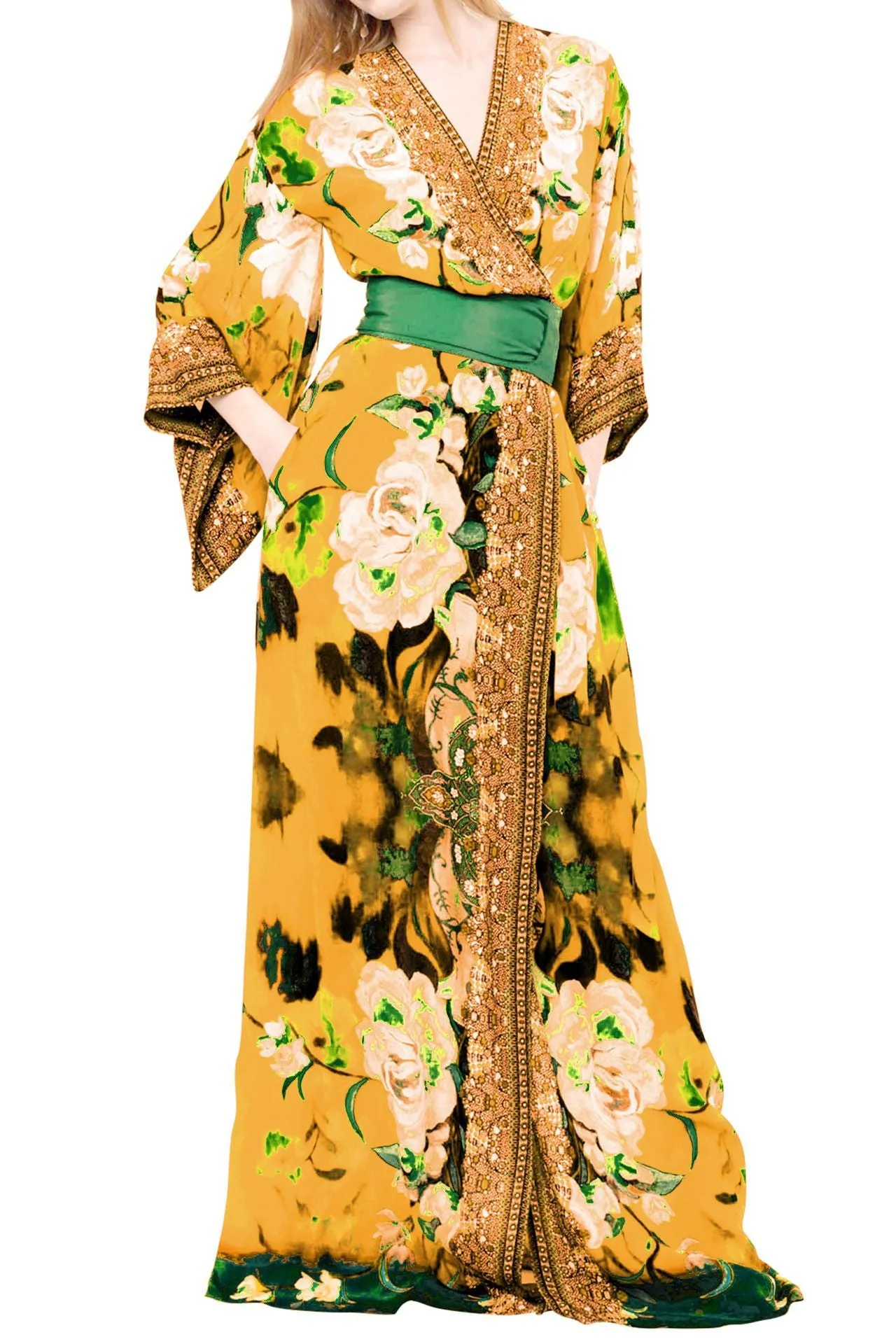 Yellow Silk Wrap Dress Long Sleeve